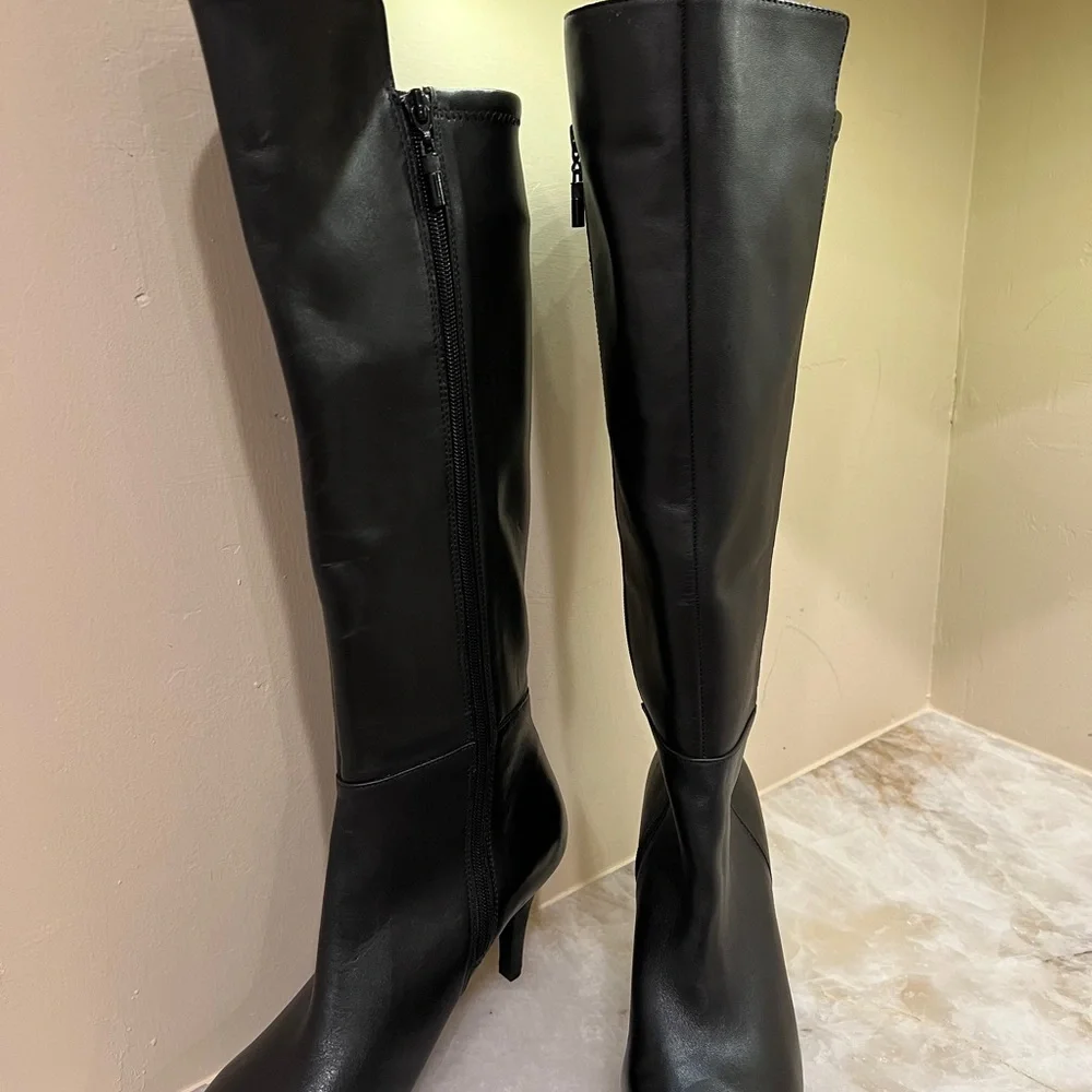 Fall knee high boots black leather heeled booties
